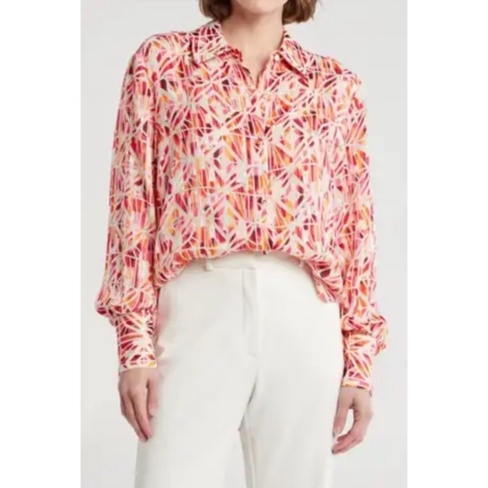 Ramy Brook Melina Geo Print Long Sleeve Button-Up Shirt Tropic Rose Tile Size L